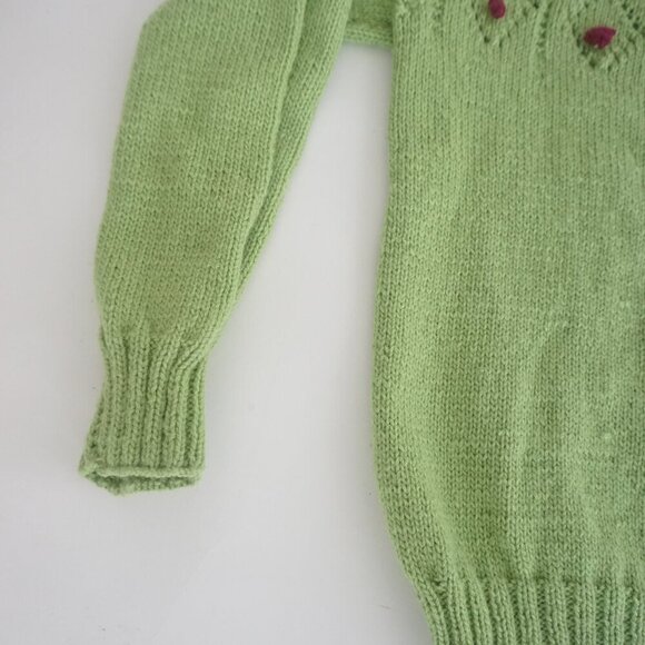 Vintage Hand Knit Lime Green Argyle Crochet PomPom Scoop Neck Sweater Small - Picture 8 of 11